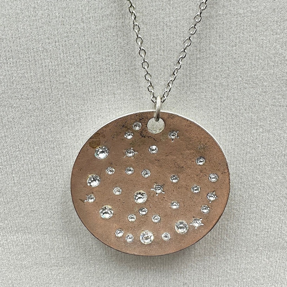 Cookie Lee Silver Disc Pendant Necklace Rhinestone Galaxy Design Minimal Sparkle